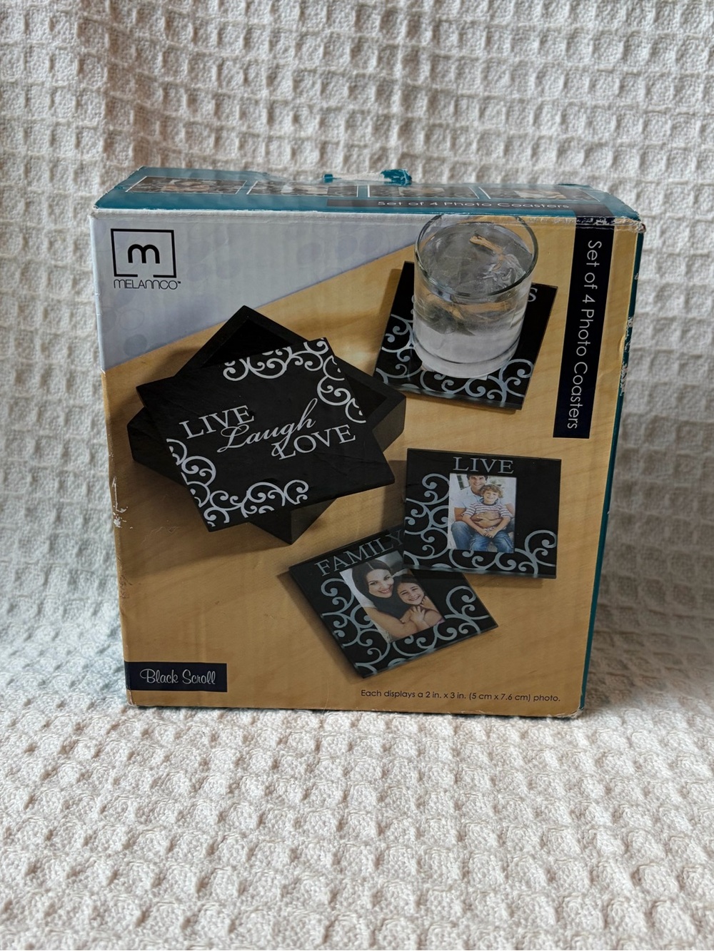 Melannco Black Scroll Set Of 4 Photo Coaster Set - Live Laugh Love New Old Stock